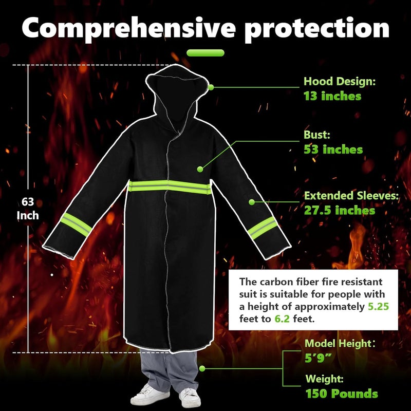 Consfly Carbon Fiber Fireproof Suit 1832°F Heat Resistant Suit with Reflective Stripes & Hood, Fireproof Cloak for Home Factory - Image 3